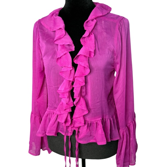 L.I.F.E. ruffle bell sleeve blouse pink sheer tie front size S Y2K boho - Picture 2 of 7